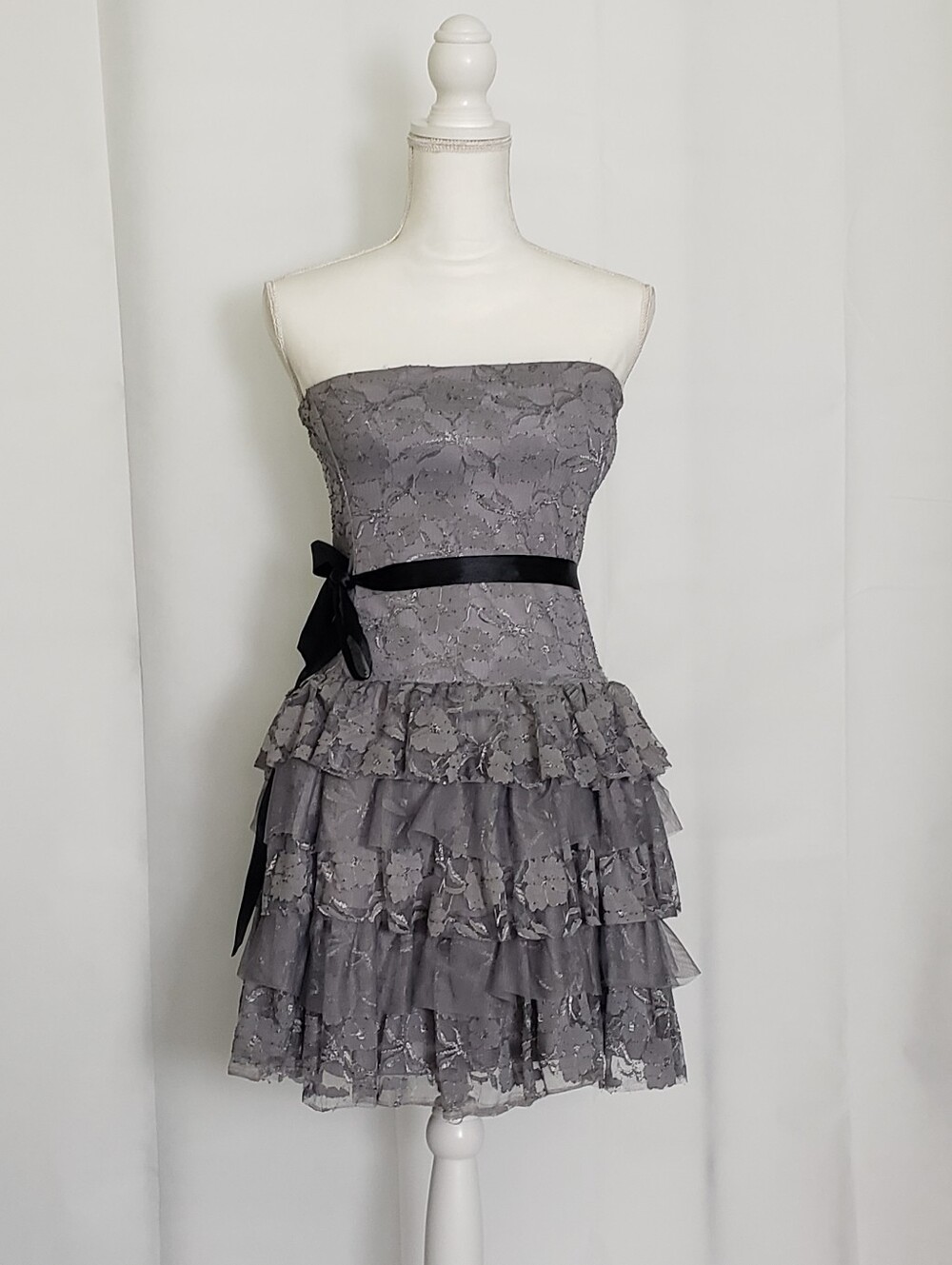 Lily Rose Strapless Gray Lace Tiered Ruffle Dress with Black Satin Waist Tie